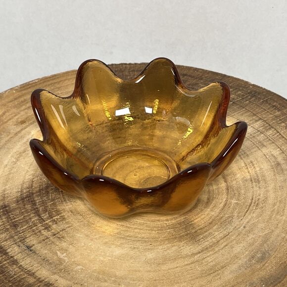 Vintage BLENKO Art Glass Amber Lotus FlowerBowl Hand Blown 8 Finger Scallop MCM - Picture 3 of 5
